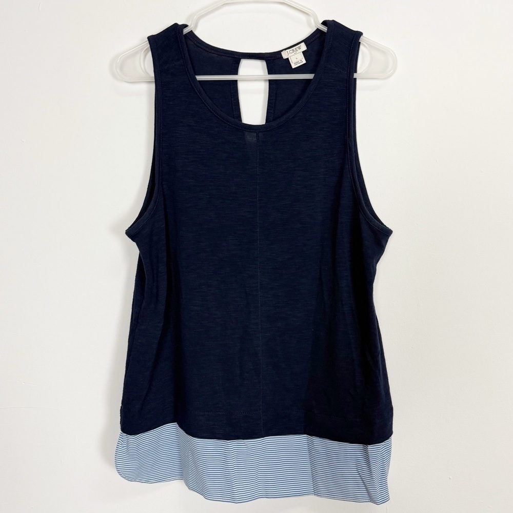 J Crew Tank Top Womens Large Navy Blue Drapey Vneck Woven Hem Striped Silky Trim